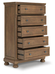 Feddinger King Storage Sleigh Bed with Mirrored Dresser and Chest in Medium Brown - PKG022336