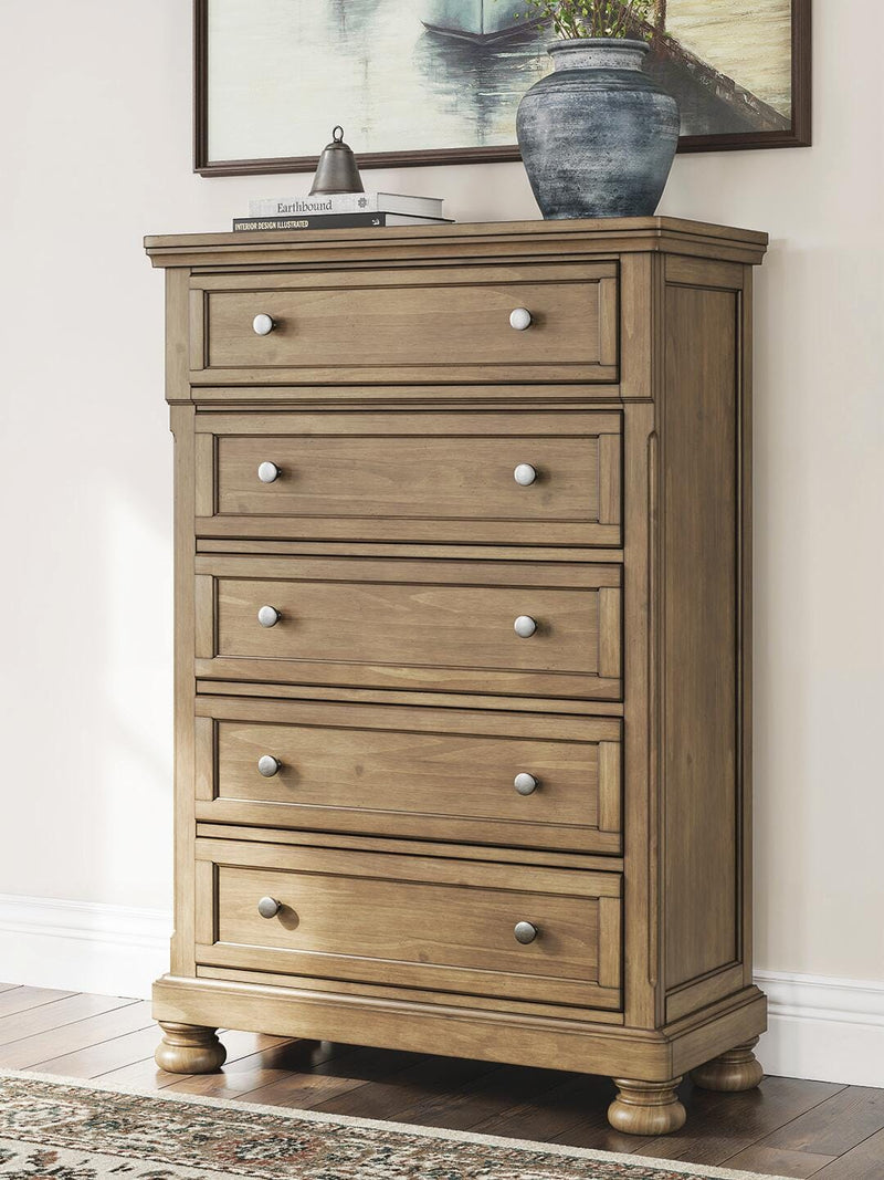Feddinger King Storage Sleigh Bed with Mirrored Dresser and Chest in Medium Brown - PKG022336