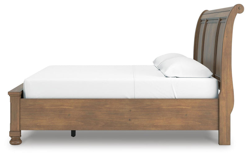 Feddinger King Storage Sleigh Bed with Mirrored Dresser and Nightstand in Medium Brown - PKG022335