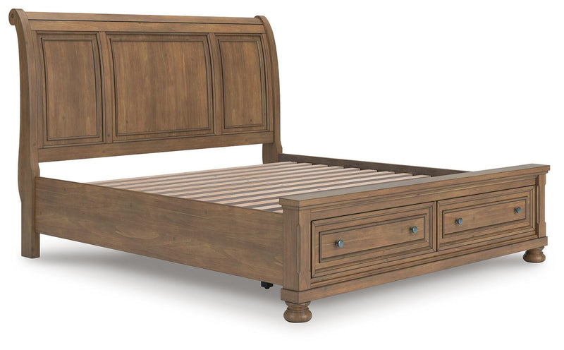 Feddinger King Storage Sleigh Bed with Mirrored Dresser and Nightstand in Medium Brown - PKG022335