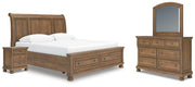 Feddinger King Storage Sleigh Bed with Mirrored Dresser and Nightstand in Medium Brown - PKG022335