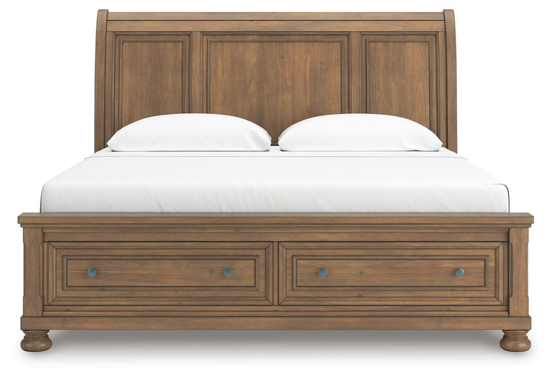 Feddinger King Storage Sleigh Bed with Mirrored Dresser, Chest and 2 Nightstands in Medium Brown - PKG022334
