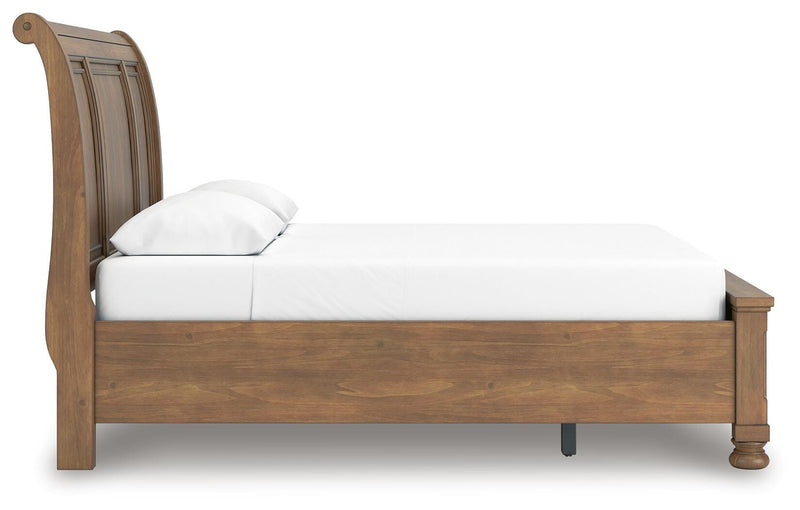 Feddinger Queen Storage Sleigh Bed with Mirrored Dresser and 2 Nightstands in Medium Brown - PKG022309