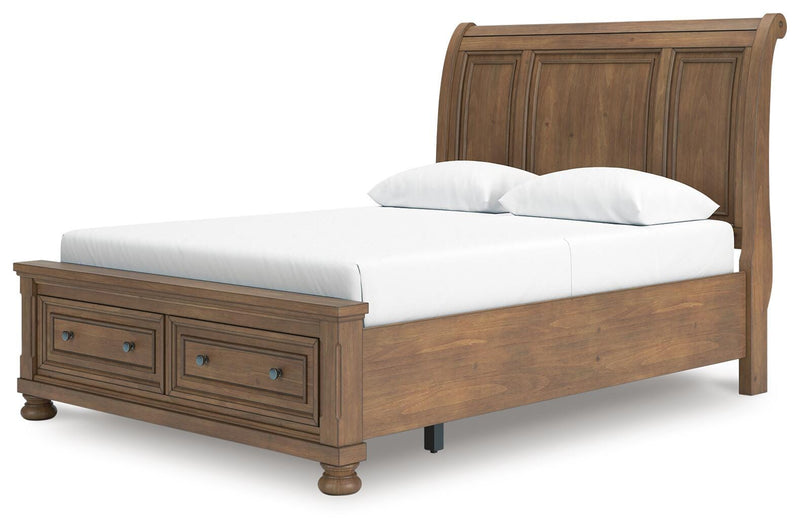 Feddinger Queen Storage Sleigh Bed with Mirrored Dresser and 2 Nightstands in Medium Brown - PKG022309