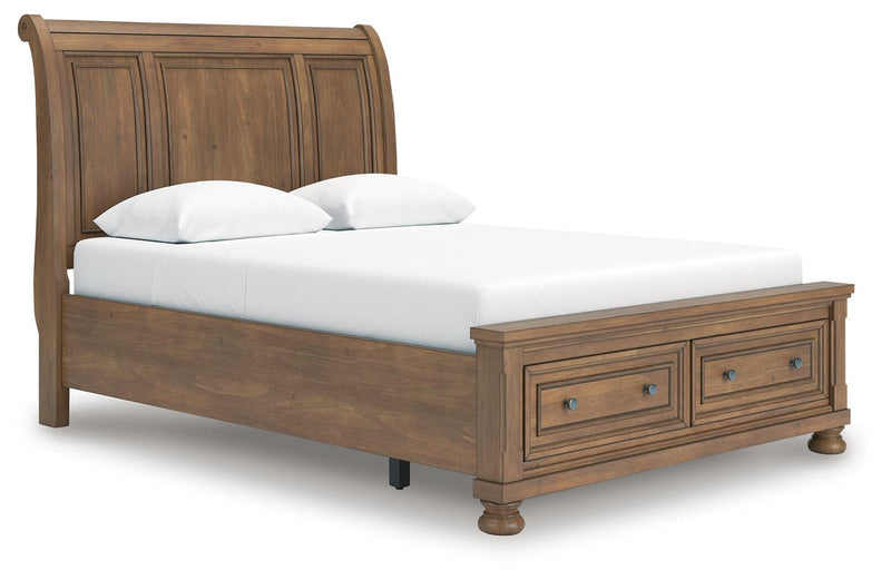 Feddinger Queen Storage Sleigh Bed with Mirrored Dresser and Chest in Medium Brown - PKG022312
