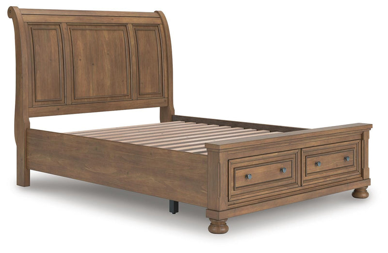 Feddinger Queen Storage Sleigh Bed with Mirrored Dresser and Chest in Medium Brown - PKG022312