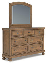 Feddinger Queen Storage Sleigh Bed with Mirrored Dresser and Chest in Medium Brown - PKG022312