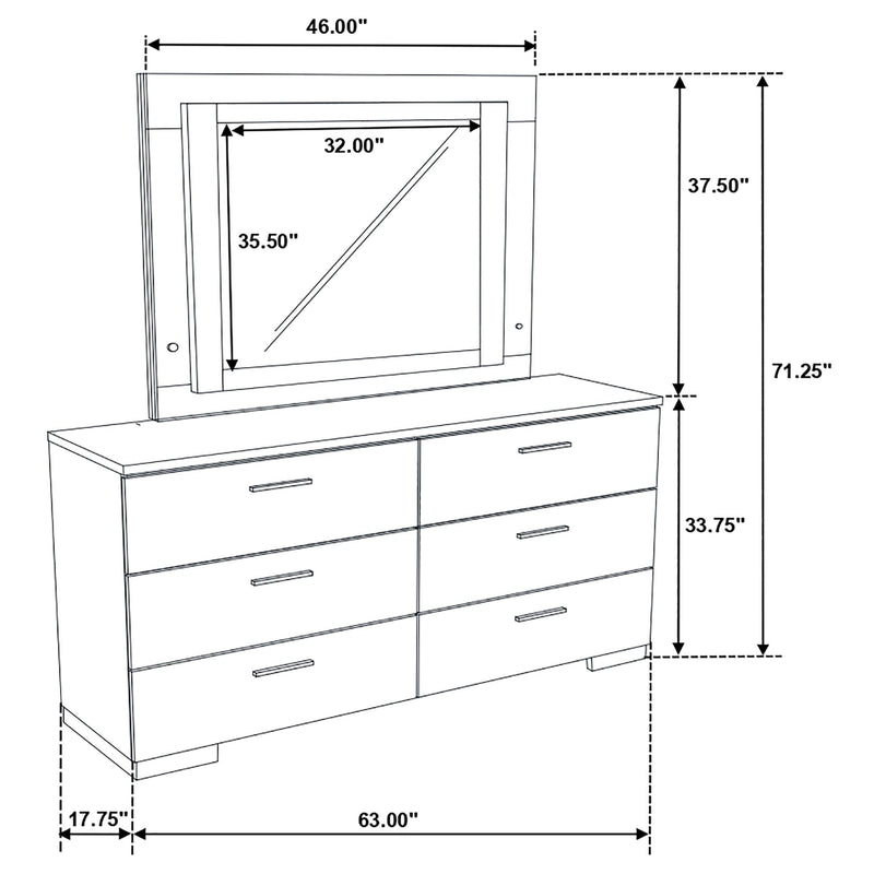 Felicity 6-drawer Dresser with LED Mirror White High Gloss - 203503ML