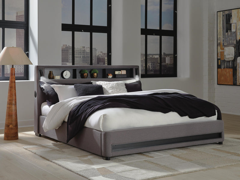Finigale Gray King Upholstered Bed with Wireless Audio - PCB2721B21