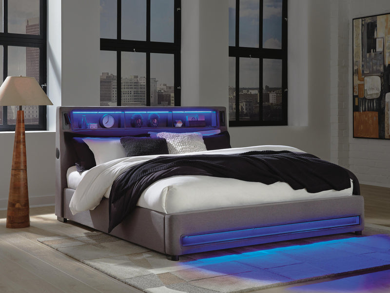 Finigale Gray King Upholstered Bed with Wireless Audio - PCB2721B21
