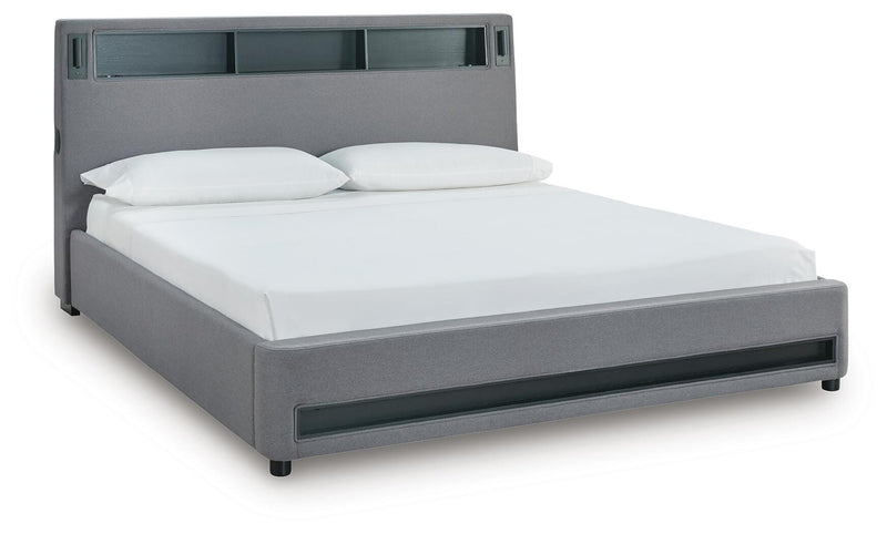 Finigale Gray King Upholstered Bed with Wireless Audio - PCB2721B21