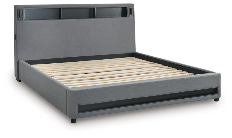 Finigale Gray King Upholstered Bed with Wireless Audio - PCB2721B21