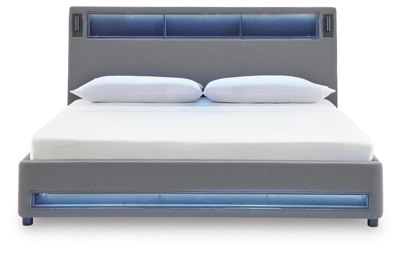Finigale Gray King Upholstered Bed with Wireless Audio - PCB2721B21