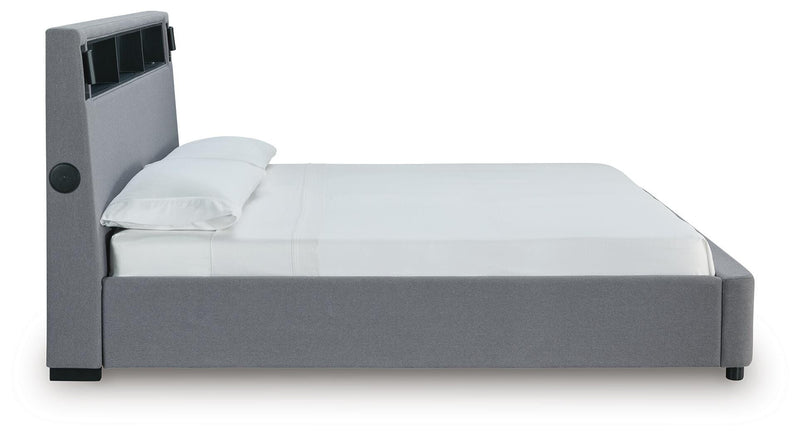 Finigale Gray King Upholstered Bed with Wireless Audio - PCB2721B21