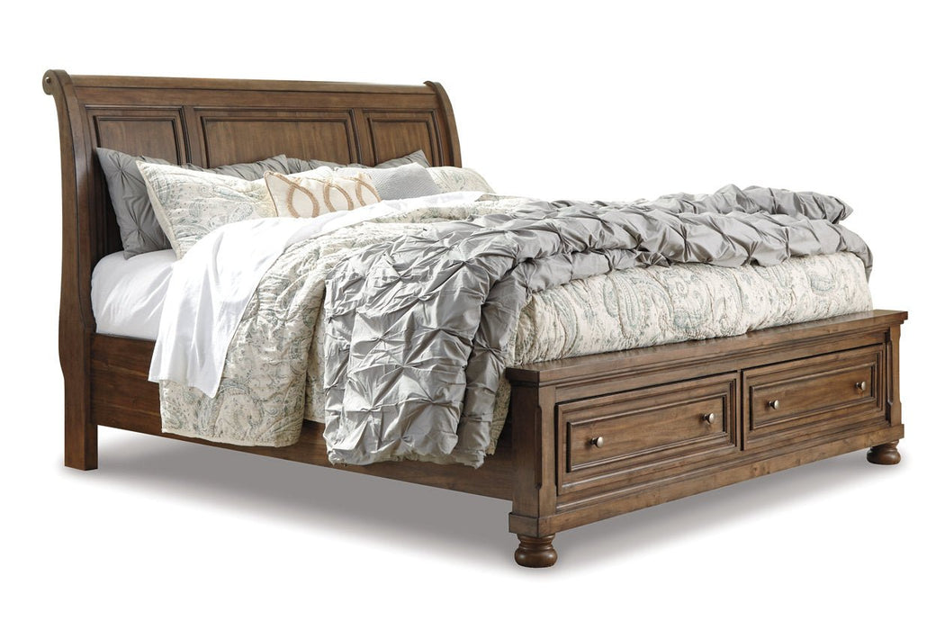 Flynnter Medium Brown Queen Sleigh Bed with 2 Storage Drawers - Gate FurnitureQueen Bed