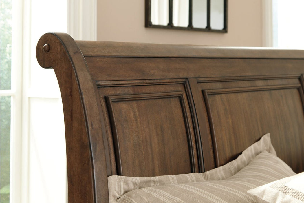 Flynnter Medium Brown Queen Sleigh Bed with 2 Storage Drawers - Gate FurnitureQueen Bed