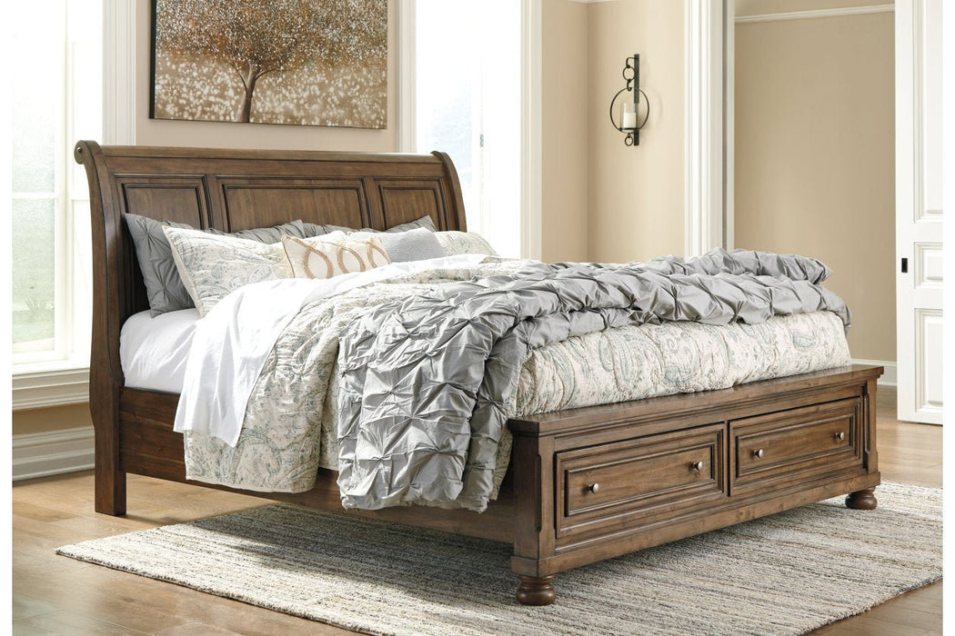Flynnter Medium Brown Queen Sleigh Bed with 2 Storage Drawers - Gate FurnitureQueen Bed