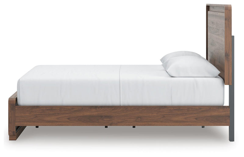 Fortlorn Walnut Brown Queen Panel Bed, Dresser, Mirror and Nightstand - PCB386B7