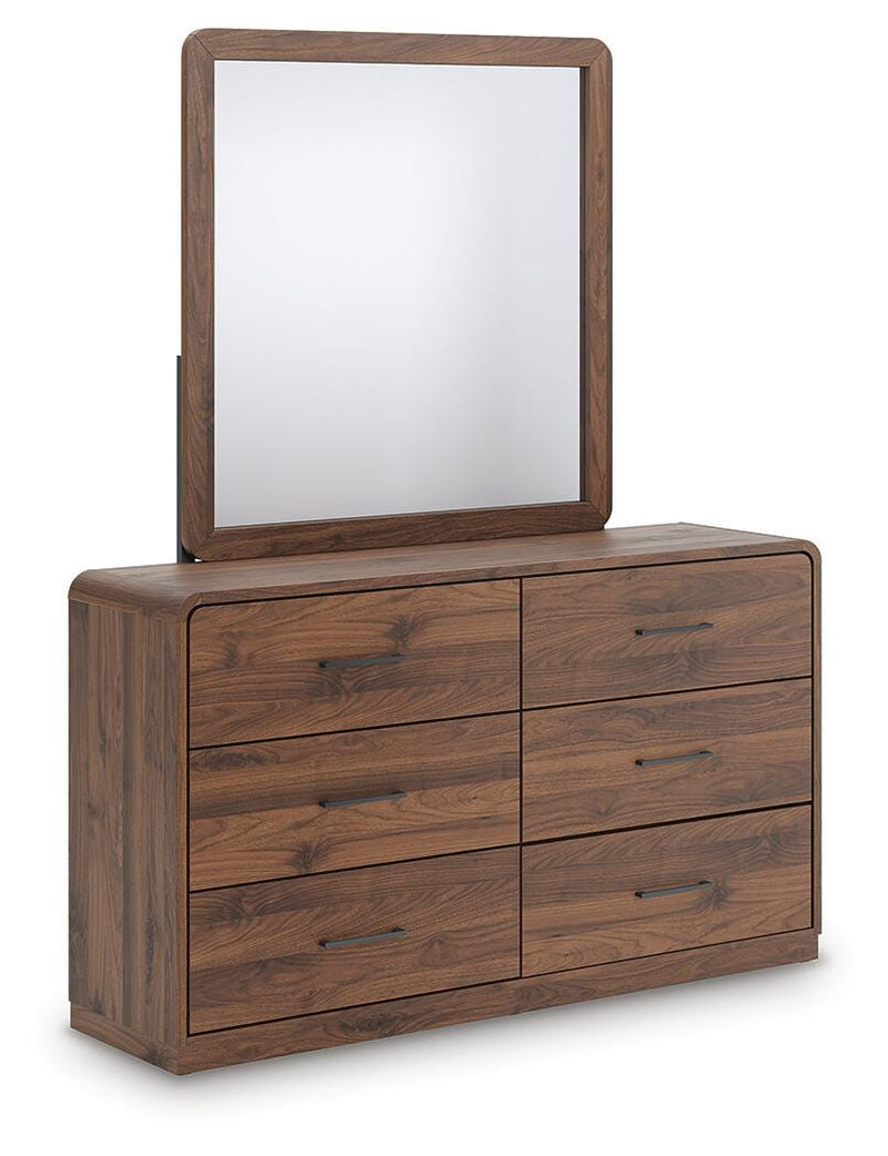 Fortlorn Walnut Brown Queen Panel Bed, Dresser, Mirror and Nightstand - PCB386B7