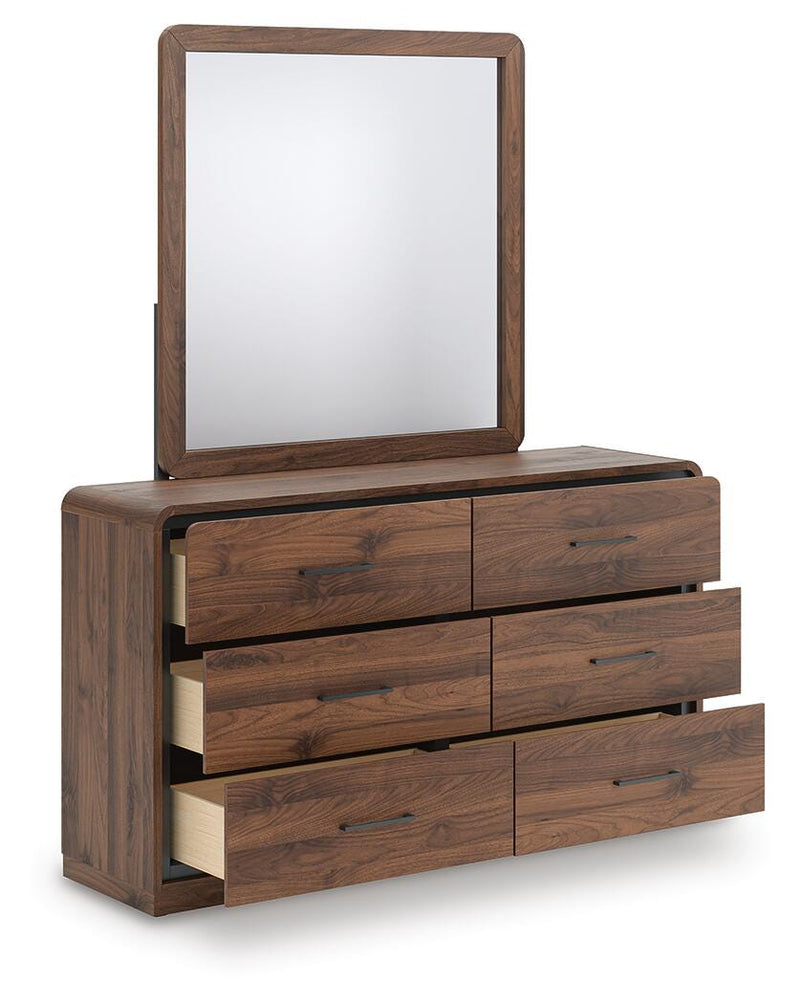 Fortlorn Walnut Brown Queen Panel Bed, Dresser, Mirror and Nightstand - PCB386B7
