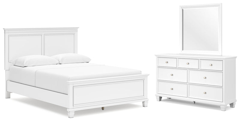 Fortman Queen Panel Bed with Mirrored Dresser in White - PKG015145