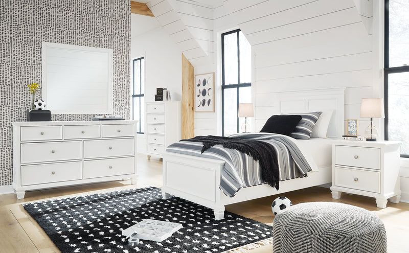 Fortman Twin Panel Bed with Mirrored Dresser and Chest in White - PKG015167