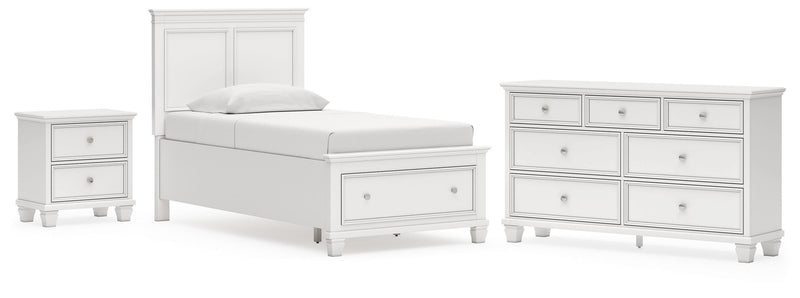 Fortman Twin Panel Storage Bed, Dresser and Nightstand in White - PKG023788