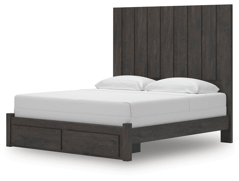 Fraluna King Panel Storage Bed, Dresser, Mirror and 2 Nightstands in Charcoal - PKG021679