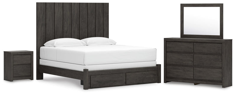 Fraluna King Panel Storage Bed, Dresser, Mirror and Nightstand in Charcoal - PKG021681