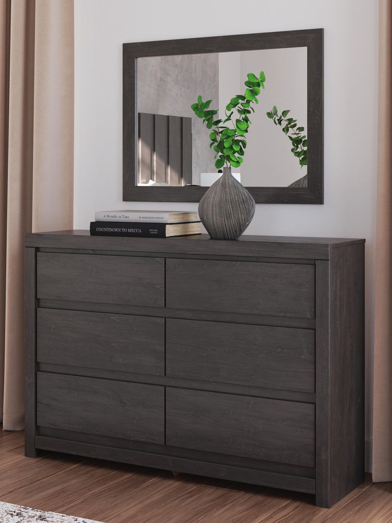 Fraluna King Panel Storage Bed, Dresser, Mirror and Nightstand in Charcoal - PKG021681