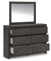 Fraluna King Panel Storage Bed, Dresser, Mirror and Nightstand in Charcoal - PKG021681