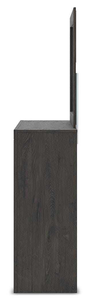 Fraluna King Panel Storage Bed, Dresser, Mirror and Nightstand in Charcoal - PKG021681