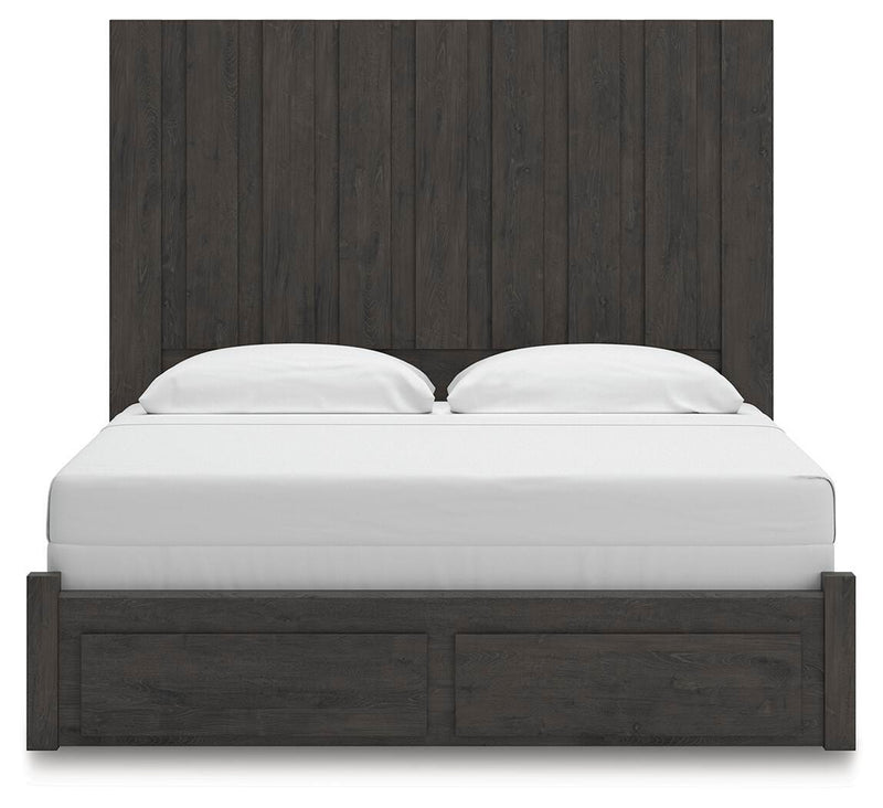 Fraluna King Panel Storage Bed, Dresser, Mirror and Nightstand in Charcoal - PKG021681