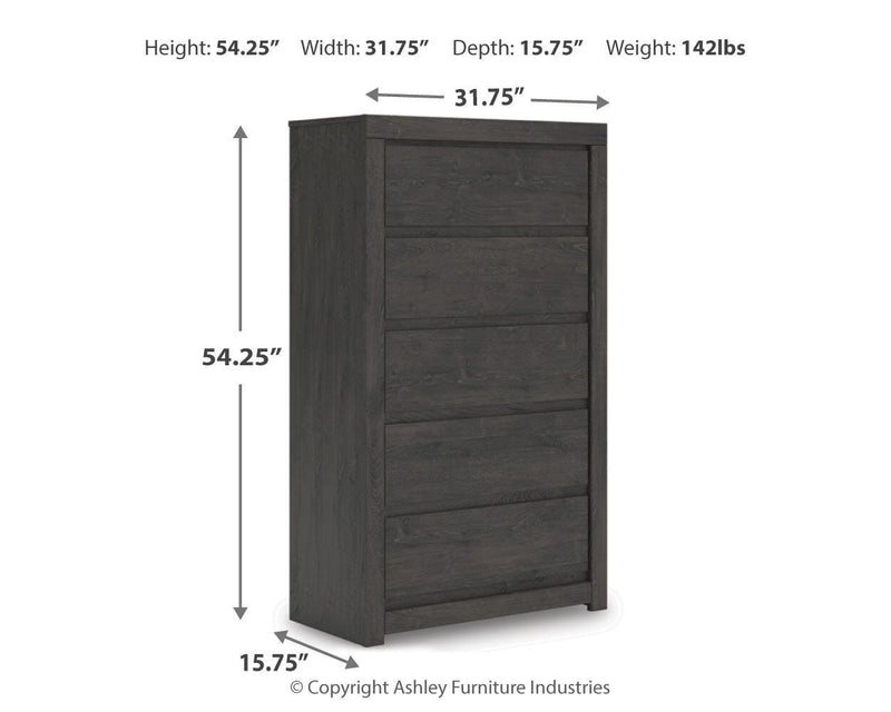 Fraluna King Panel Storage Bed, Dresser, Mirror, Chest and 2 Nightstands in Charcoal - PKG021680