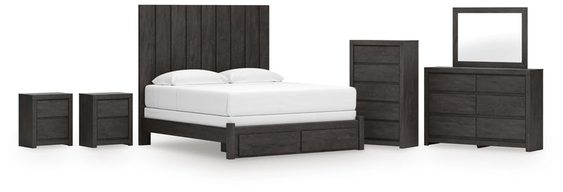 Fraluna King Panel Storage Bed, Dresser, Mirror, Chest and 2 Nightstands in Charcoal - PKG021680