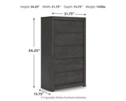 Fraluna King Panel Storage Bed, Dresser, Mirror, Chest and Nightstand in Charcoal - PKG021683