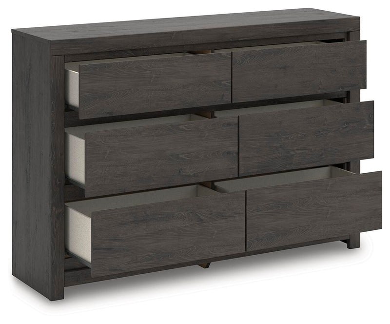 Fraluna Queen Panel Bed, Dresser and Nightstand in Charcoal - PKG021661