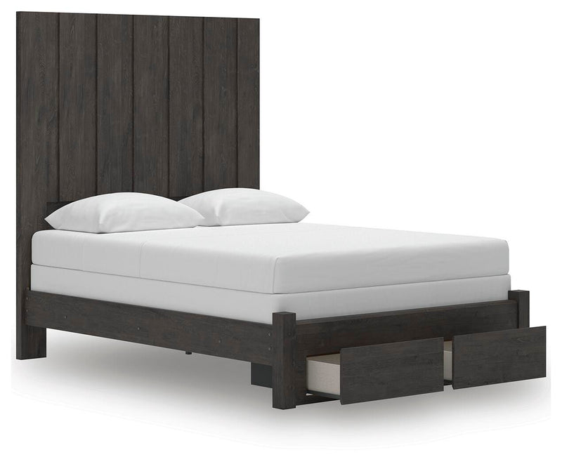 Fraluna Queen Panel Storage Bed, Dresser, Mirror and 2 Nightstands in Charcoal - PKG021671