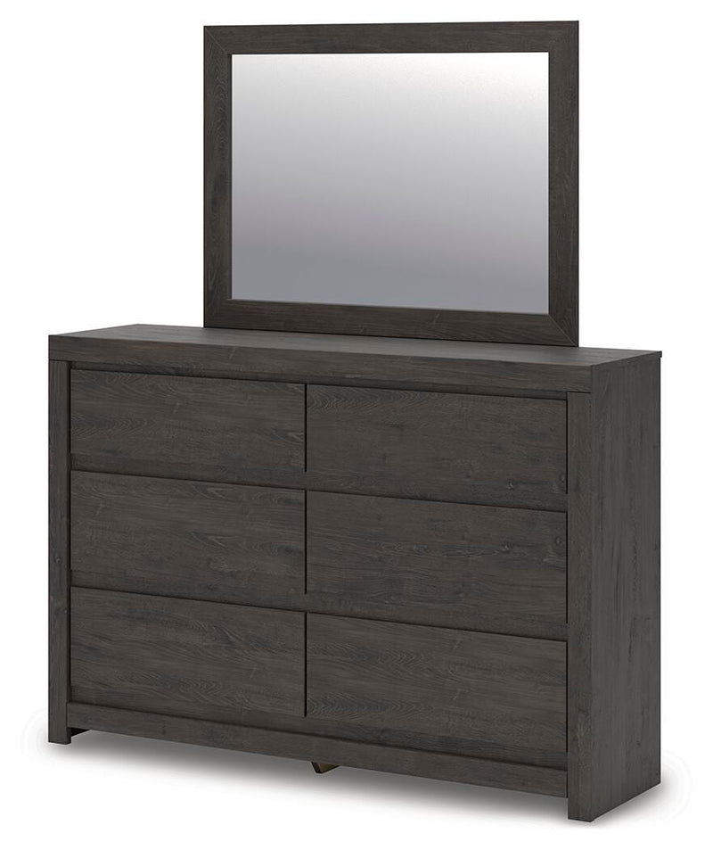 Fraluna Queen Panel Storage Bed, Dresser, Mirror and 2 Nightstands in Charcoal - PKG021671