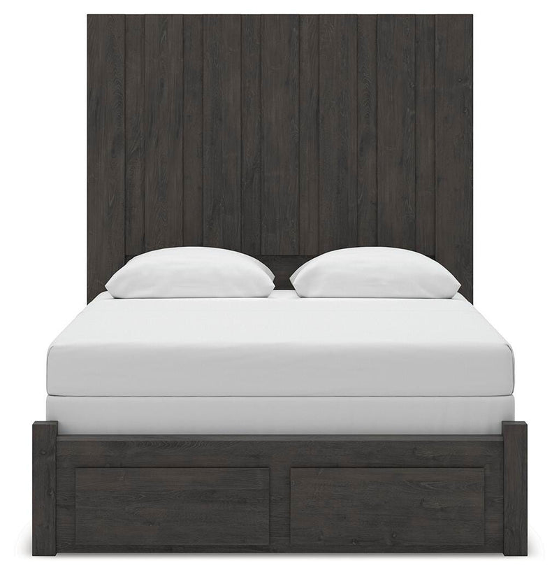 Fraluna Queen Panel Storage Bed, Dresser, Mirror and 2 Nightstands in Charcoal - PKG021671