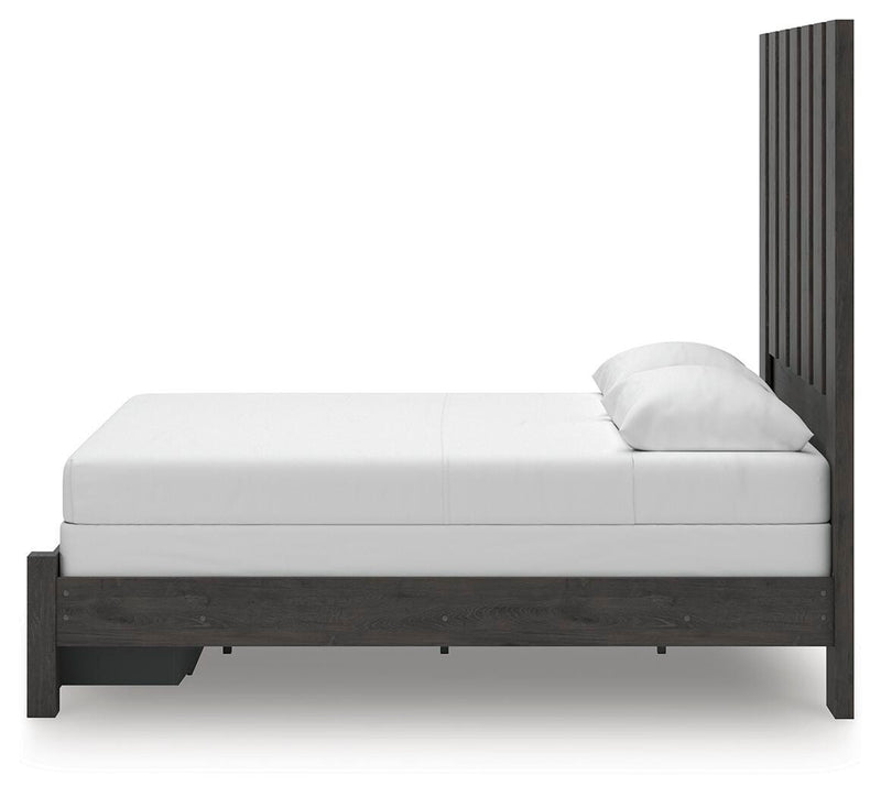 Fraluna Queen Panel Storage Bed, Dresser, Mirror and Chest in Charcoal - PKG021674