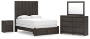 Fraluna Queen Panel Storage Bed, Dresser, Mirror and Nightstand in Charcoal - PKG021673