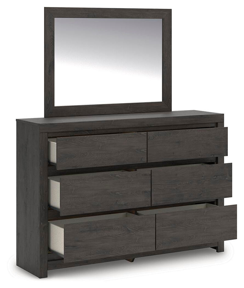 Fraluna Queen Panel Storage Bed, Dresser, Mirror and Nightstand in Charcoal - PKG021673