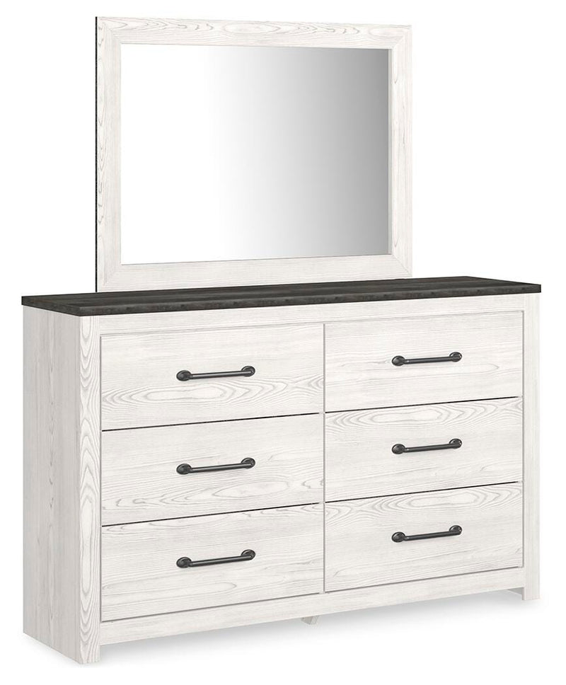 Gerridan King Panel Bed with Mirrored Dresser, Chest and Nightstand in White/Gray - PKG009374