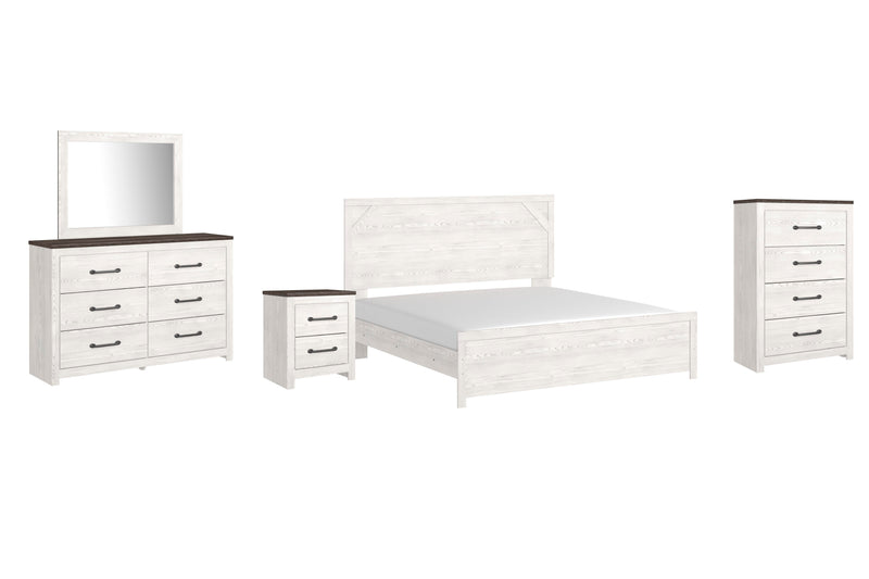 Gerridan King Panel Bed with Mirrored Dresser, Chest and Nightstand in White/Gray - PKG009374