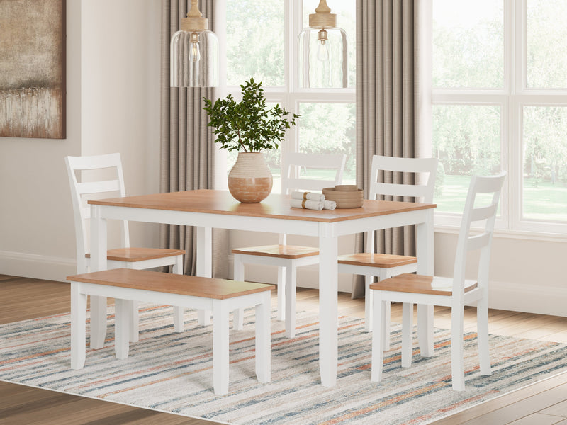Gesthaven Natural/White Dining Table with 4 Chairs and Bench (Set of 6) - D398-325