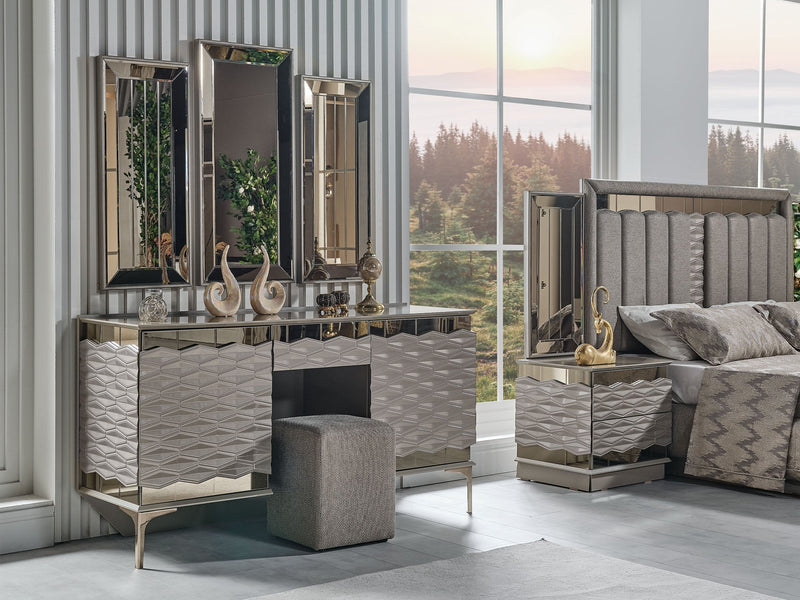 Gokce Bedroom (Queen Frame With Headboard & Dresser With Mirror & Ottoman & 2 Nightstand) - 120-GOK-SET