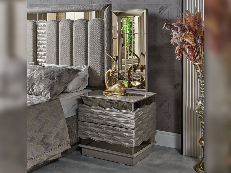 Gokce Bedroom (Queen Frame With Headboard & Dresser With Mirror & Ottoman & 2 Nightstand) - 120-GOK-SET