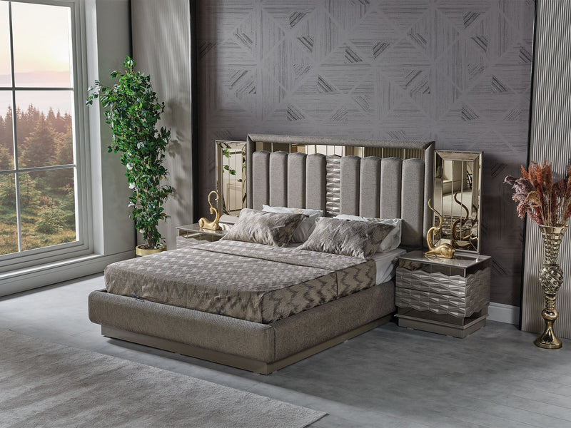 Gokce Bedroom (Queen Frame With Headboard & Dresser With Mirror & Ottoman & 2 Nightstand) - 120-GOK-SET