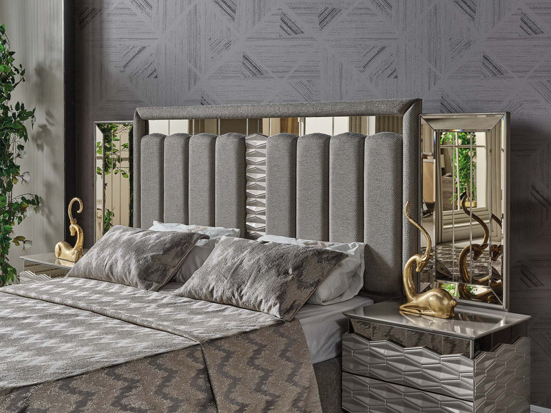 Gokce Bedroom (Queen Frame With Headboard & Dresser With Mirror & Ottoman & 2 Nightstand) - 120-GOK-SET